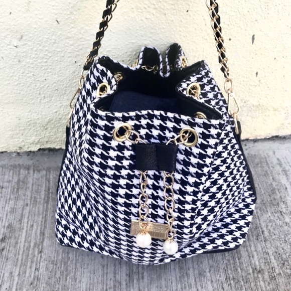 Houndstooth BUCKET purse gold chain shoulder BAG - Picture 2 of 5